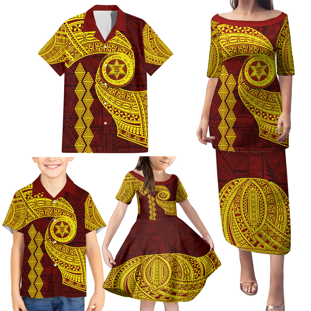 Tonga High School Family Matching Puletasi Dress and Hawaiian Shirt Traditional Ngatu and Polynesian Pattern LT03 - Polynesian Pride