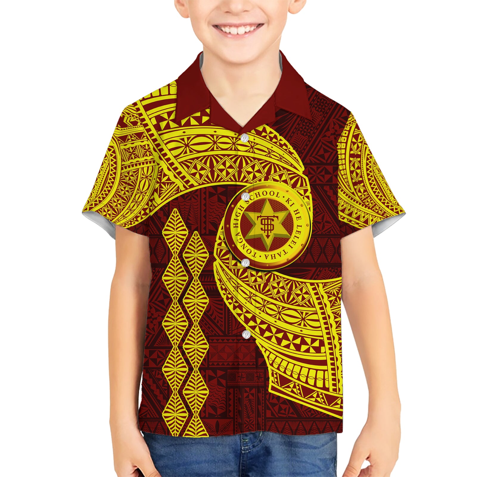 Tonga High School Kid Hawaiian Shirt Traditional Ngatu and Polynesian Pattern LT03 Kid Yellow - Polynesian Pride