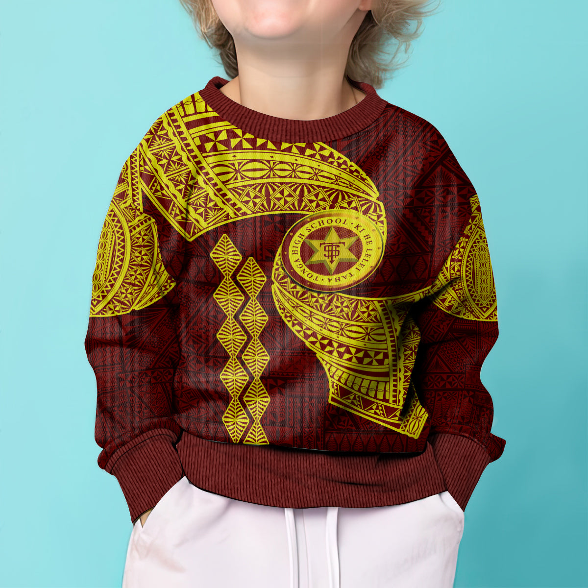 Tonga High School Kid Ugly Christmas Sweater Traditional Ngatu and Polynesian Pattern LT03 - Polynesian Pride