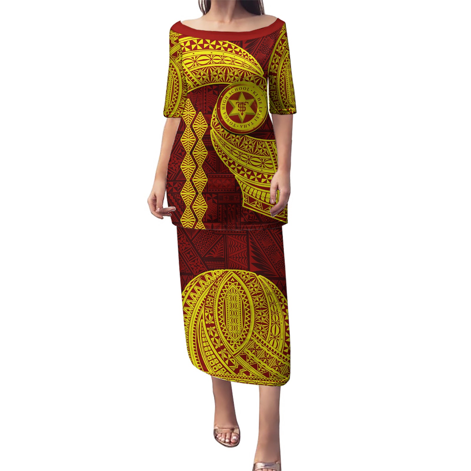 Tonga High School Puletasi Traditional Ngatu and Polynesian Pattern LT03 Long Dress Yellow - Polynesian Pride