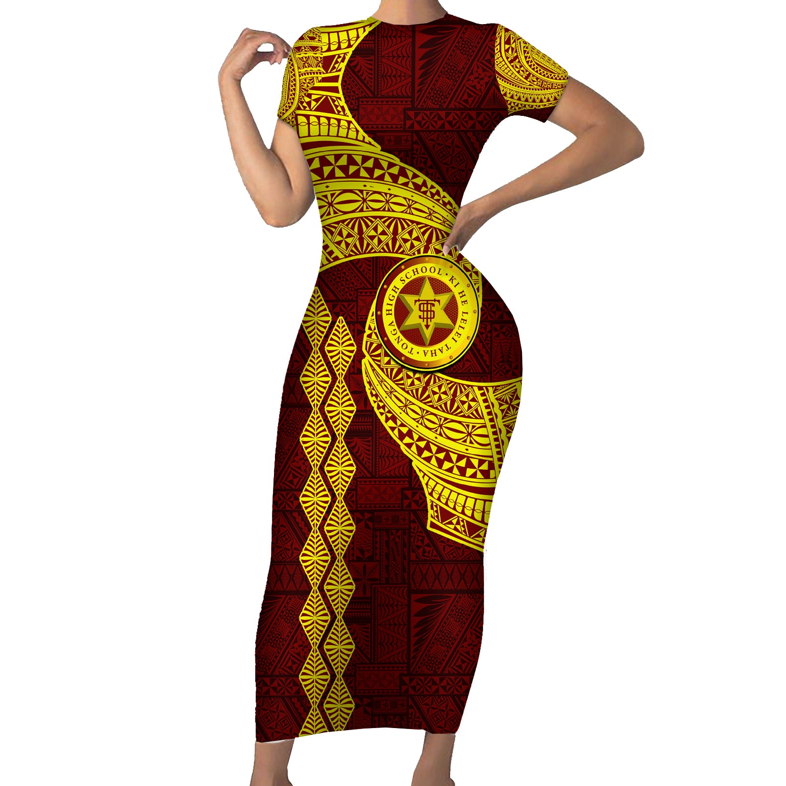 Tonga High School Short Sleeve Bodycon Dress Traditional Ngatu and Polynesian Pattern LT03 Long Dress Yellow - Polynesian Pride