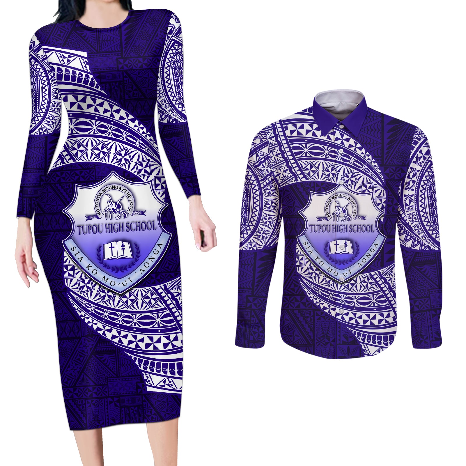 Tonga Tupou High School Couples Matching Long Sleeve Bodycon Dress and Long Sleeve Button Shirt Traditional Ngatu and Polynesian Pattern LT03 Blue - Polynesian Pride