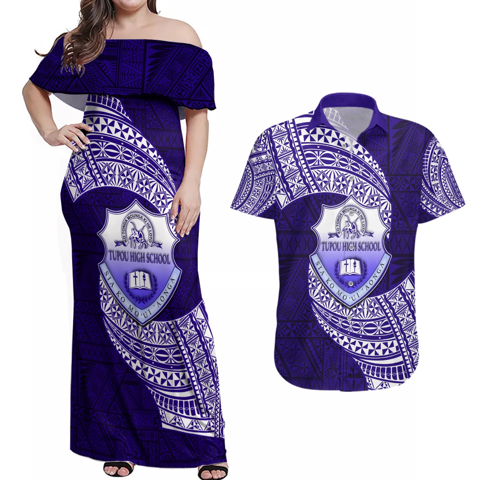 Tonga Tupou High School Couples Matching Off Shoulder Maxi Dress and Hawaiian Shirt Traditional Ngatu and Polynesian Pattern LT03 Blue - Polynesian Pride