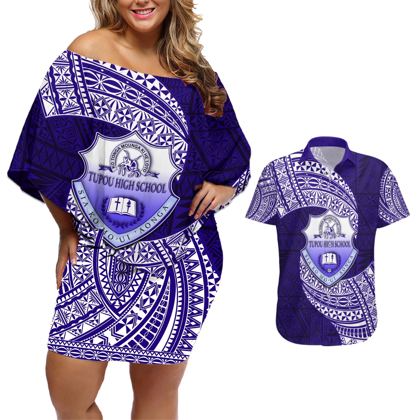 Tonga Tupou High School Couples Matching Off Shoulder Short Dress and Hawaiian Shirt Traditional Ngatu and Polynesian Pattern LT03 Blue - Polynesian Pride