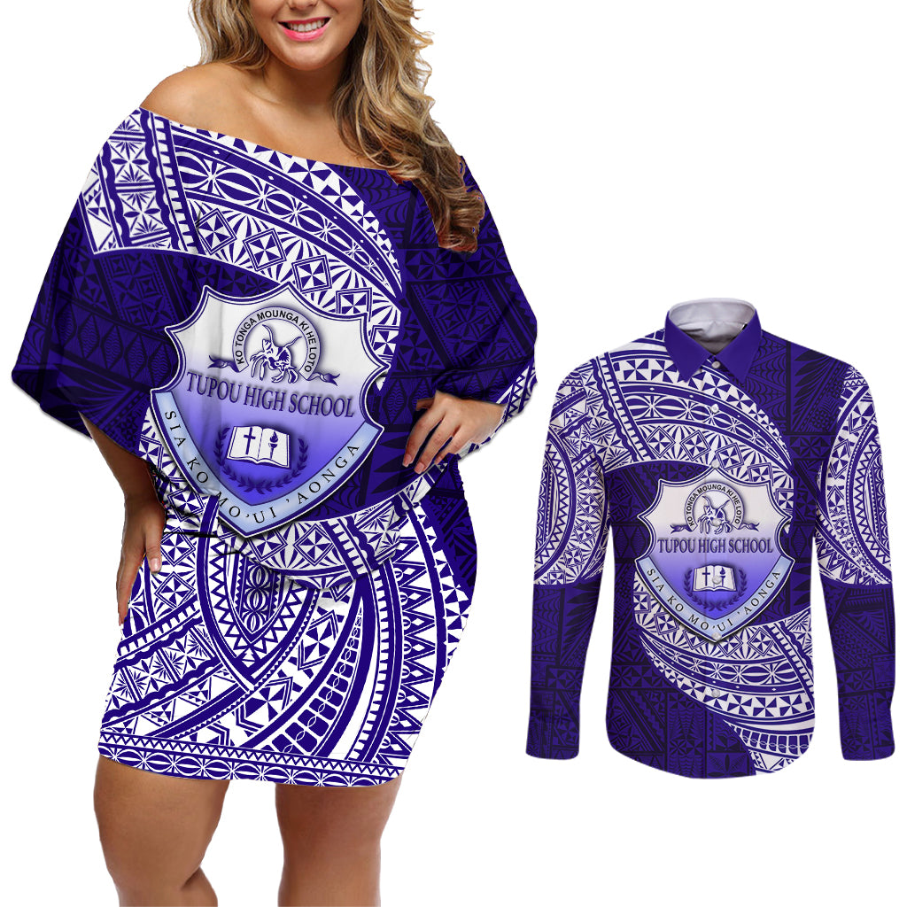 Tonga Tupou High School Couples Matching Off Shoulder Short Dress and Long Sleeve Button Shirt Traditional Ngatu and Polynesian Pattern LT03 Blue - Polynesian Pride