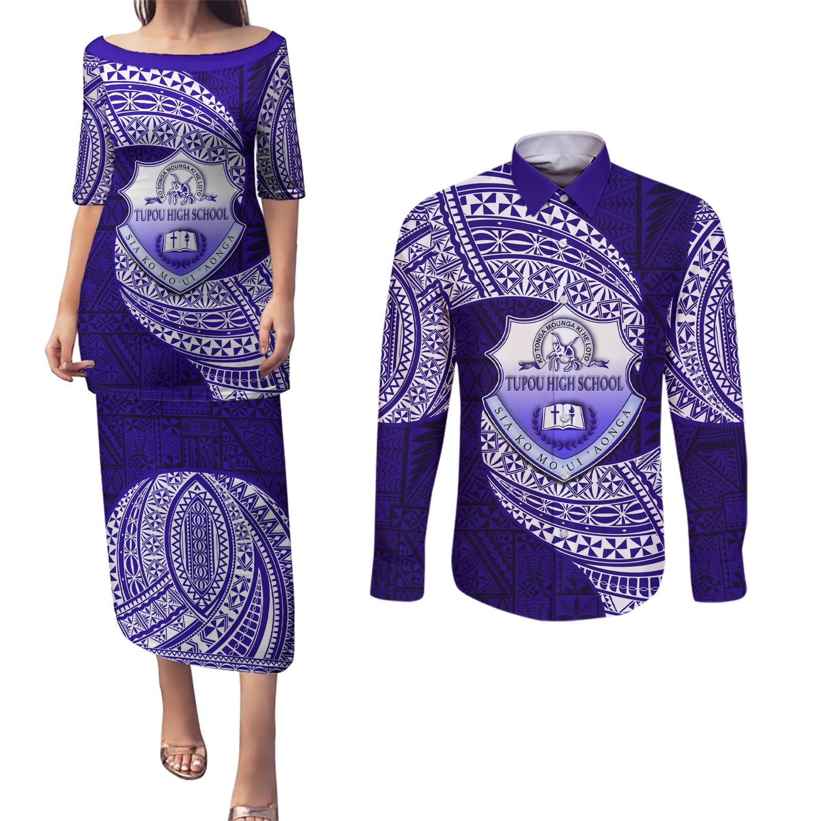 Tonga Tupou High School Couples Matching Puletasi Dress and Long Sleeve Button Shirt Traditional Ngatu and Polynesian Pattern LT03 Blue - Polynesian Pride