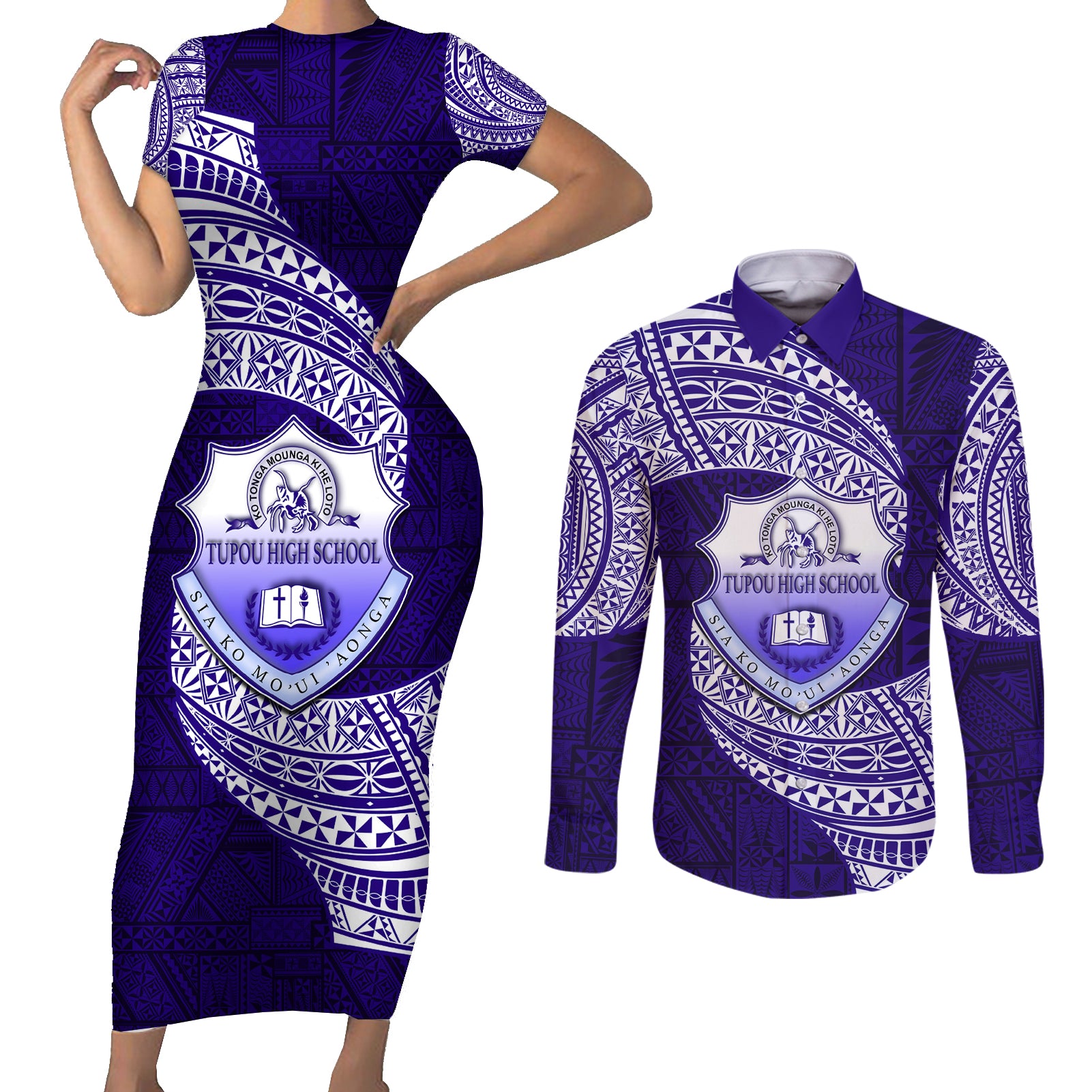 Tonga Tupou High School Couples Matching Short Sleeve Bodycon Dress and Long Sleeve Button Shirt Traditional Ngatu and Polynesian Pattern LT03 Blue - Polynesian Pride