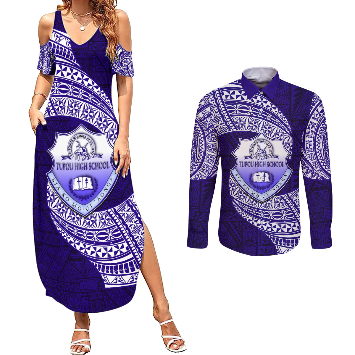 Tonga Tupou High School Couples Matching Summer Maxi Dress and Long Sleeve Button Shirt Traditional Ngatu and Polynesian Pattern LT03 Blue - Polynesian Pride