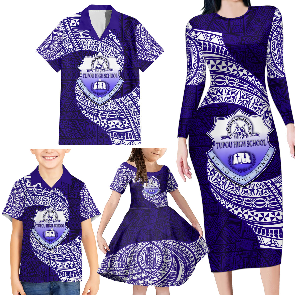 Tonga Tupou High School Family Matching Long Sleeve Bodycon Dress and Hawaiian Shirt Traditional Ngatu and Polynesian Pattern LT03 - Polynesian Pride