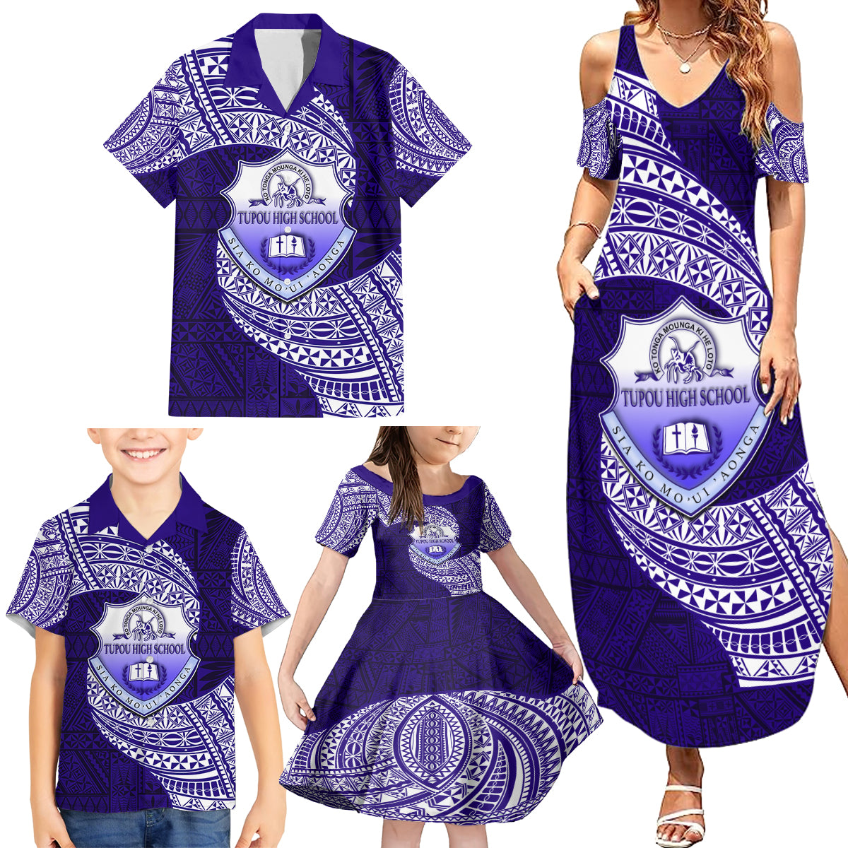 Tonga Tupou High School Family Matching Summer Maxi Dress and Hawaiian Shirt Traditional Ngatu and Polynesian Pattern LT03 - Polynesian Pride