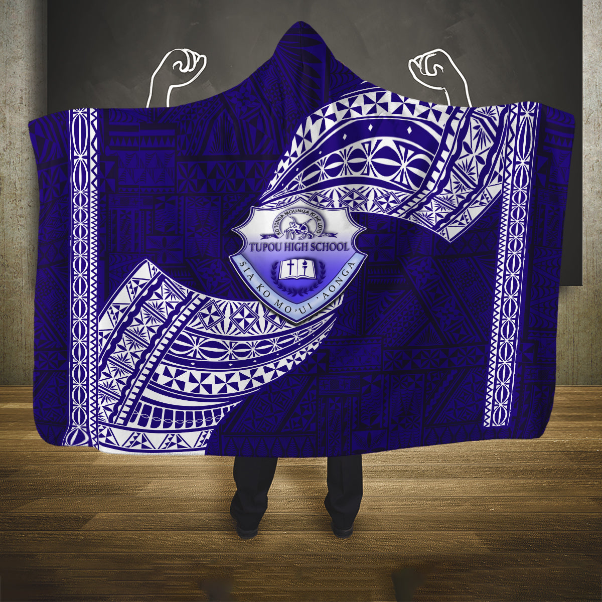 Tonga Tupou High School Hooded Blanket Traditional Ngatu and Polynesian Pattern LT03 One Size Blue - Polynesian Pride