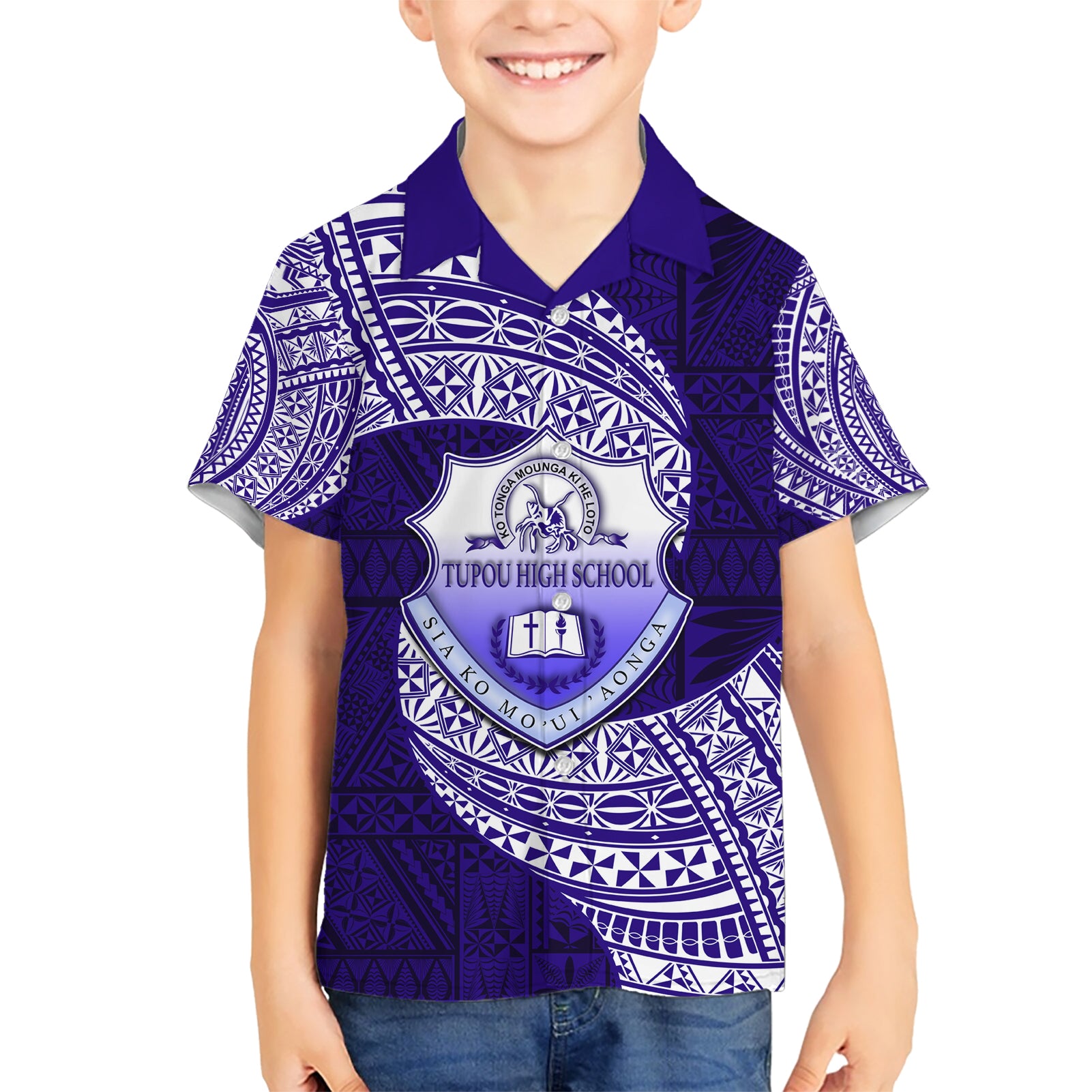 Tonga Tupou High School Kid Hawaiian Shirt Traditional Ngatu and Polynesian Pattern LT03 Kid Blue - Polynesian Pride