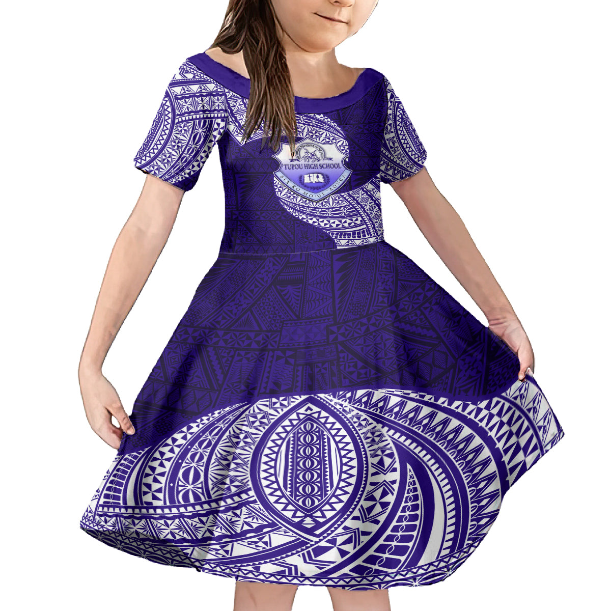 Tonga Tupou High School Kid Short Sleeve Dress Traditional Ngatu and Polynesian Pattern LT03 KID Blue - Polynesian Pride