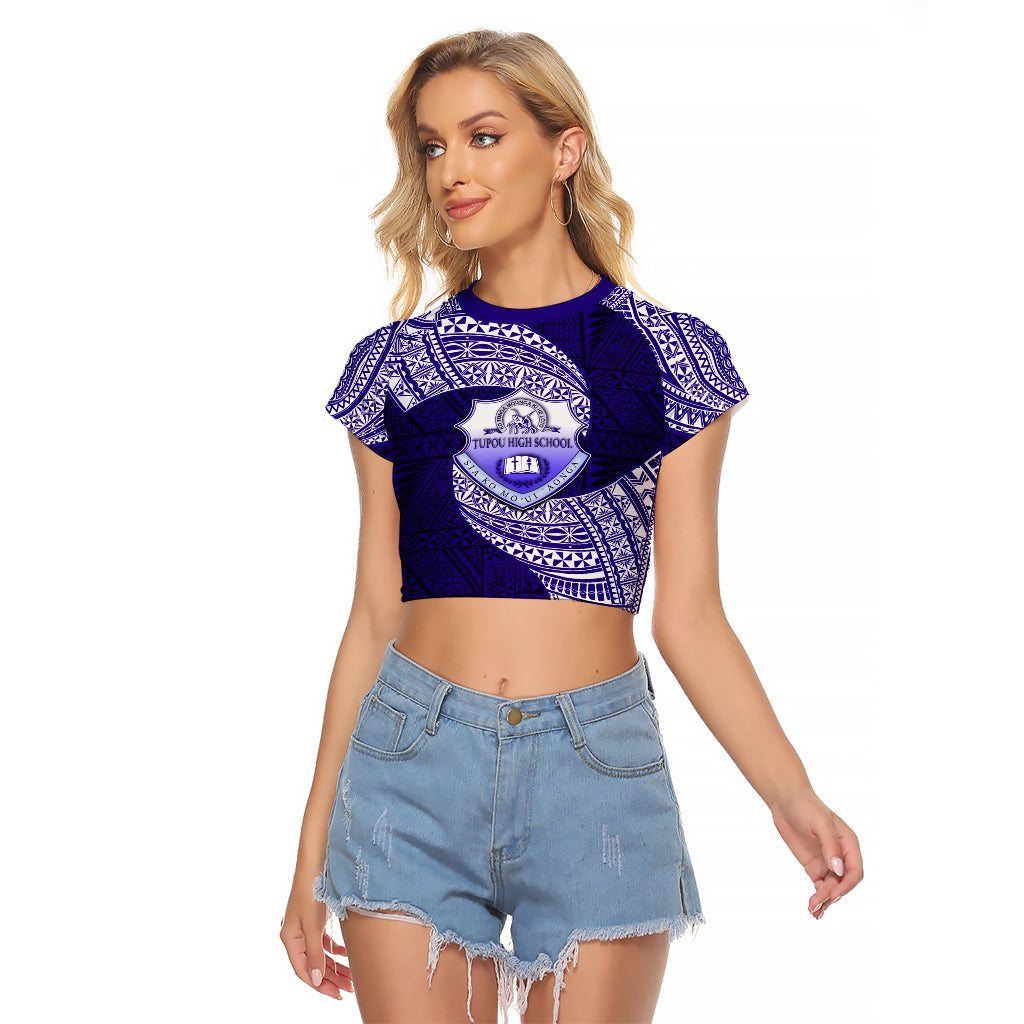 Tonga Tupou High School Raglan Cropped T Shirt Traditional Ngatu and Polynesian Pattern LT03 Female Blue - Polynesian Pride