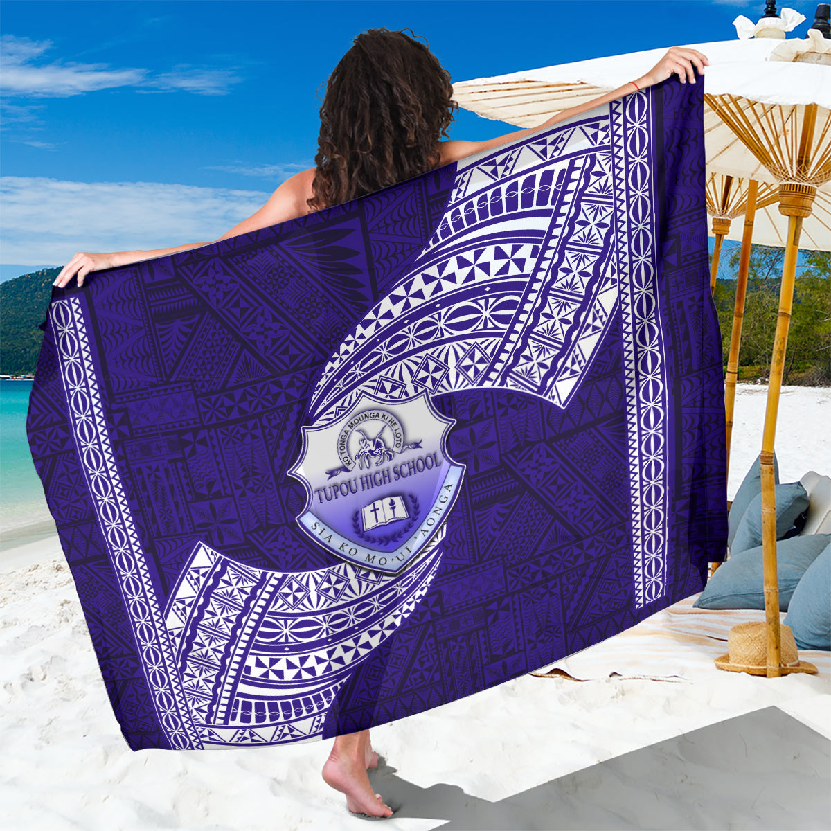 Tonga Tupou High School Sarong Traditional Ngatu and Polynesian Pattern LT03 One Size 44 x 66 inches Blue - Polynesian Pride