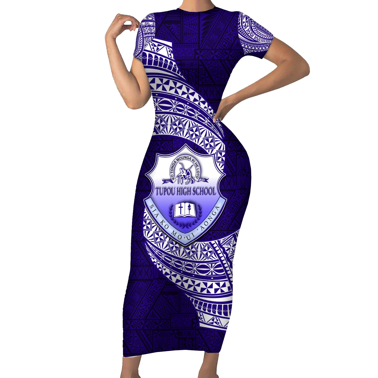 Tonga Tupou High School Short Sleeve Bodycon Dress Traditional Ngatu and Polynesian Pattern LT03 Long Dress Blue - Polynesian Pride