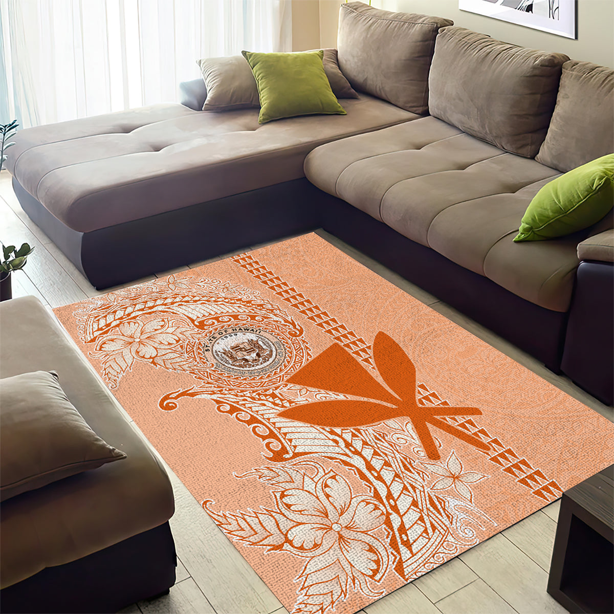 Kanaka Maoli Tropical Flowers with Kakau Tribal Area Rug Peach Fuzz Color LT03 - Polynesian Pride