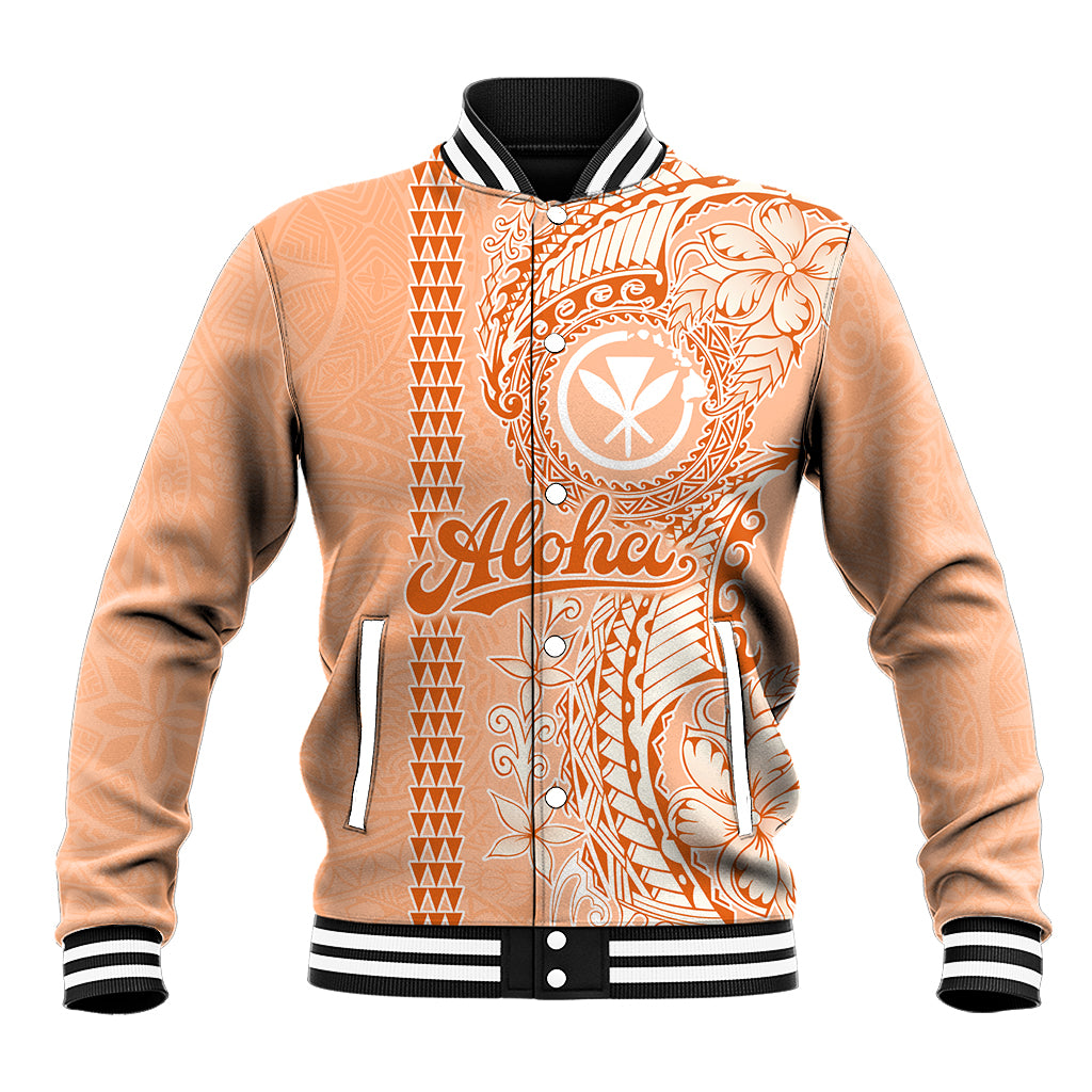Kanaka Maoli Tropical Flowers with Kakau Tribal Baseball Jacket Peach Fuzz Color LT03 Unisex Peach Fuzz - Polynesian Pride