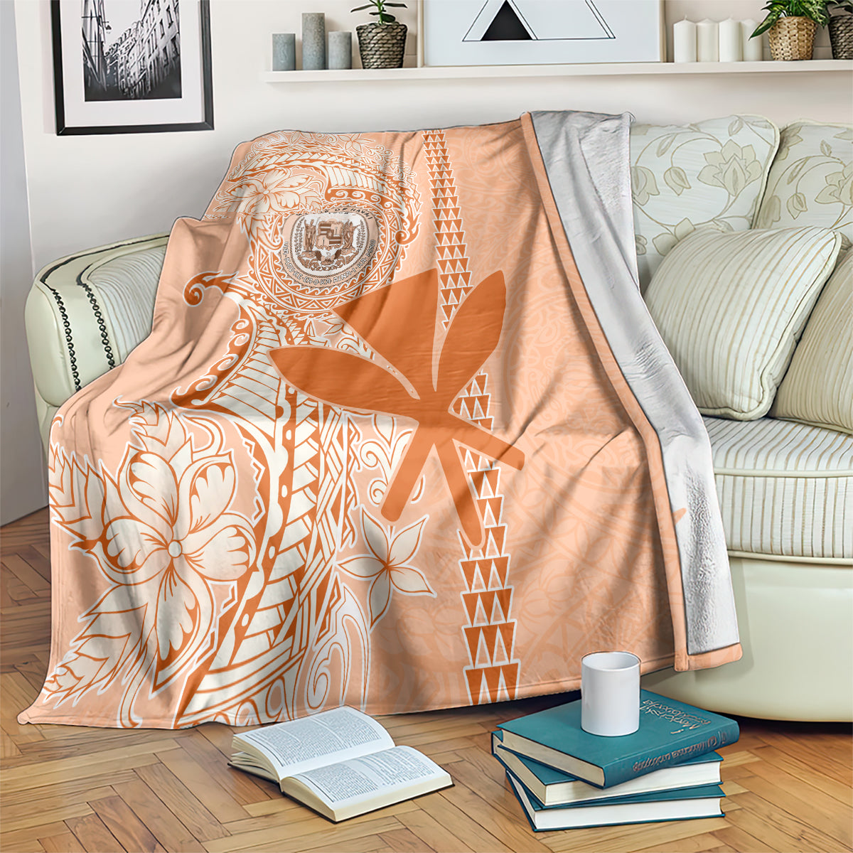 Kanaka Maoli Tropical Flowers with Kakau Tribal Blanket Peach Fuzz Color LT03 - Polynesian Pride