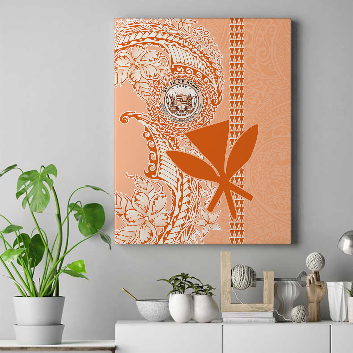 Kanaka Maoli Tropical Flowers with Kakau Tribal Canvas Wall Art Peach Fuzz Color LT03 Peach Fuzz - Polynesian Pride