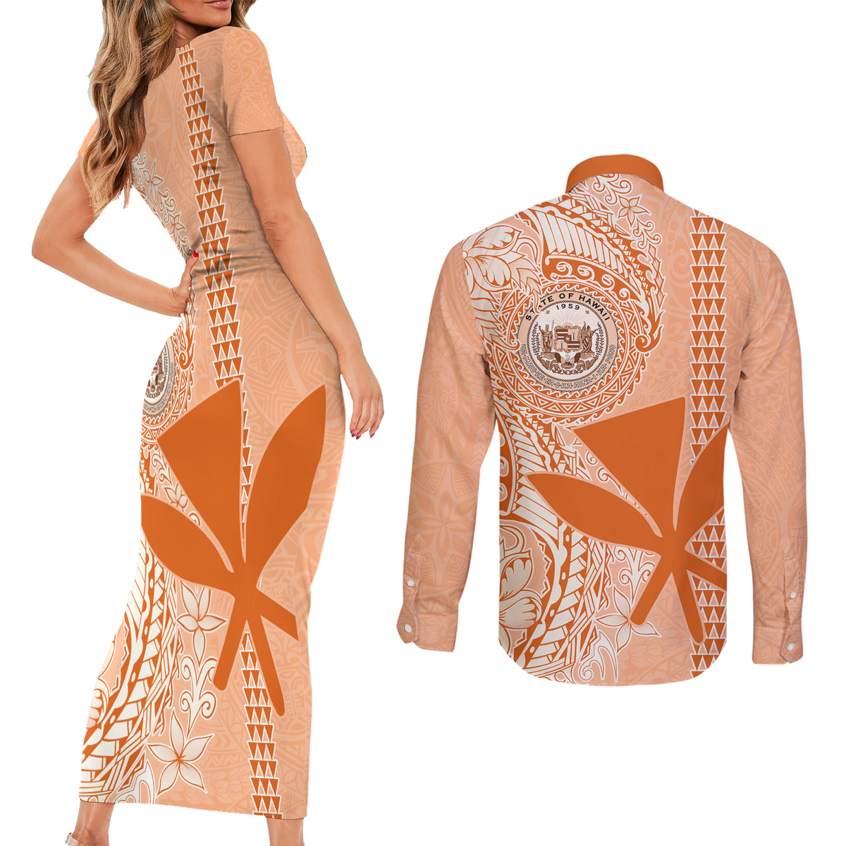 Kanaka Maoli Tropical Flowers with Kakau Tribal Couples Matching Short Sleeve Bodycon Dress and Long Sleeve Button Shirt Peach Fuzz Color LT03 - Polynesian Pride