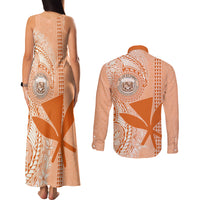 Kanaka Maoli Tropical Flowers with Kakau Tribal Couples Matching Tank Maxi Dress and Long Sleeve Button Shirt Peach Fuzz Color LT03 - Polynesian Pride
