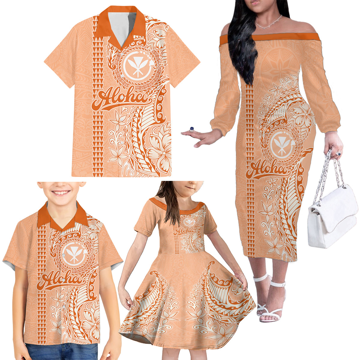 Kanaka Maoli Tropical Flowers with Kakau Tribal Family Matching Off Shoulder Long Sleeve Dress and Hawaiian Shirt Peach Fuzz Color LT03 - Polynesian Pride