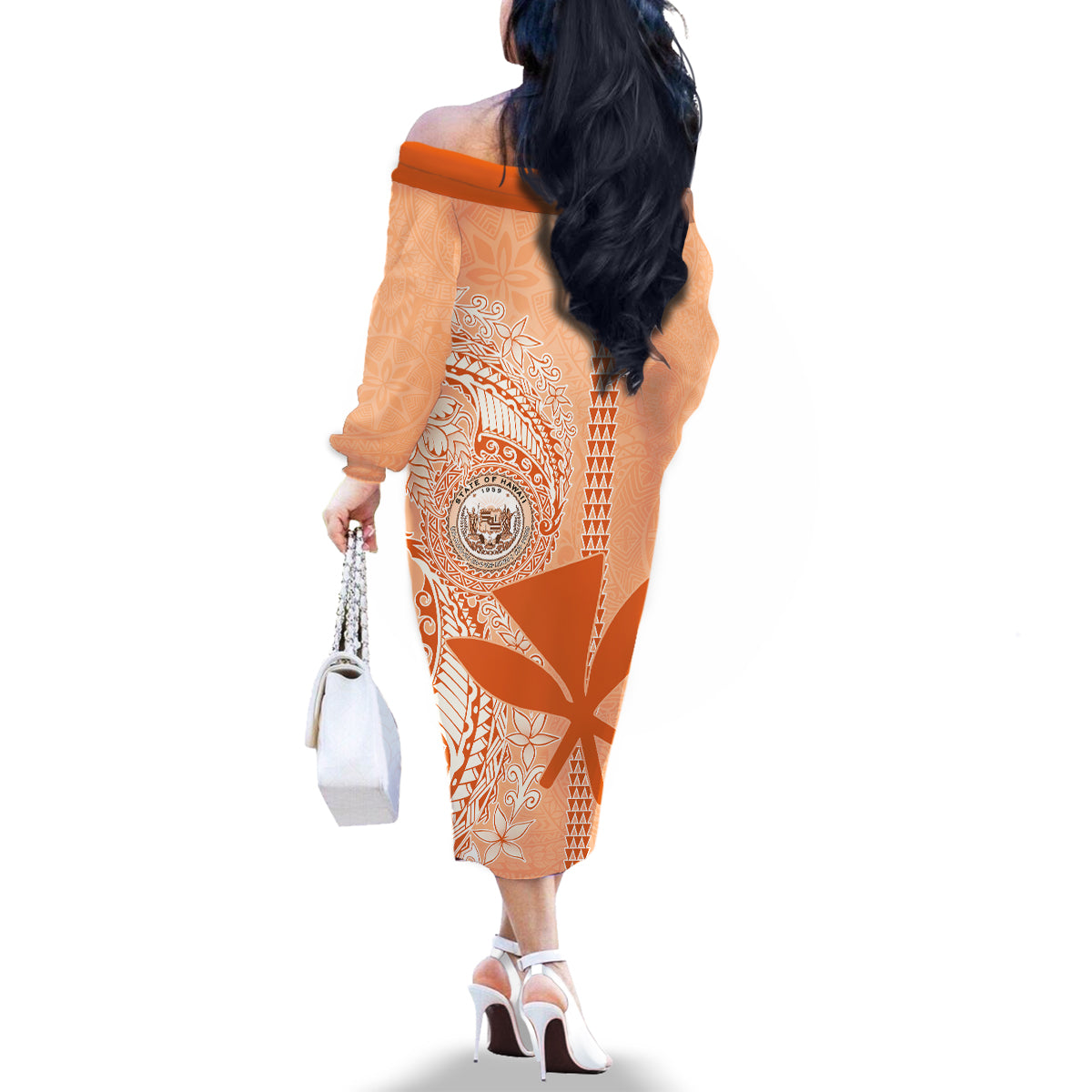 Kanaka Maoli Tropical Flowers with Kakau Tribal Family Matching Off Shoulder Long Sleeve Dress and Hawaiian Shirt Peach Fuzz Color LT03 - Polynesian Pride
