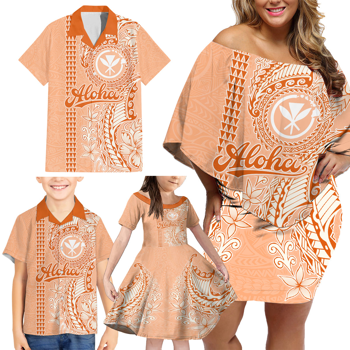 Kanaka Maoli Tropical Flowers with Kakau Tribal Family Matching Off Shoulder Short Dress and Hawaiian Shirt Peach Fuzz Color LT03 - Polynesian Pride