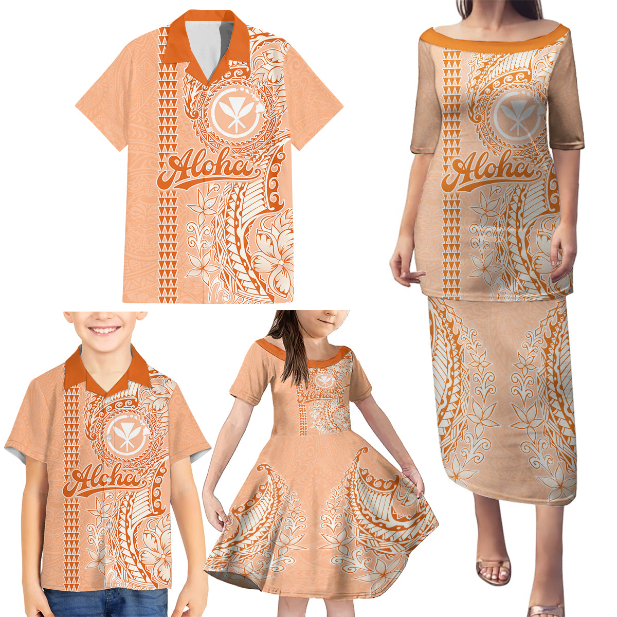 Kanaka Maoli Tropical Flowers with Kakau Tribal Family Matching Puletasi Dress and Hawaiian Shirt Peach Fuzz Color LT03 - Polynesian Pride