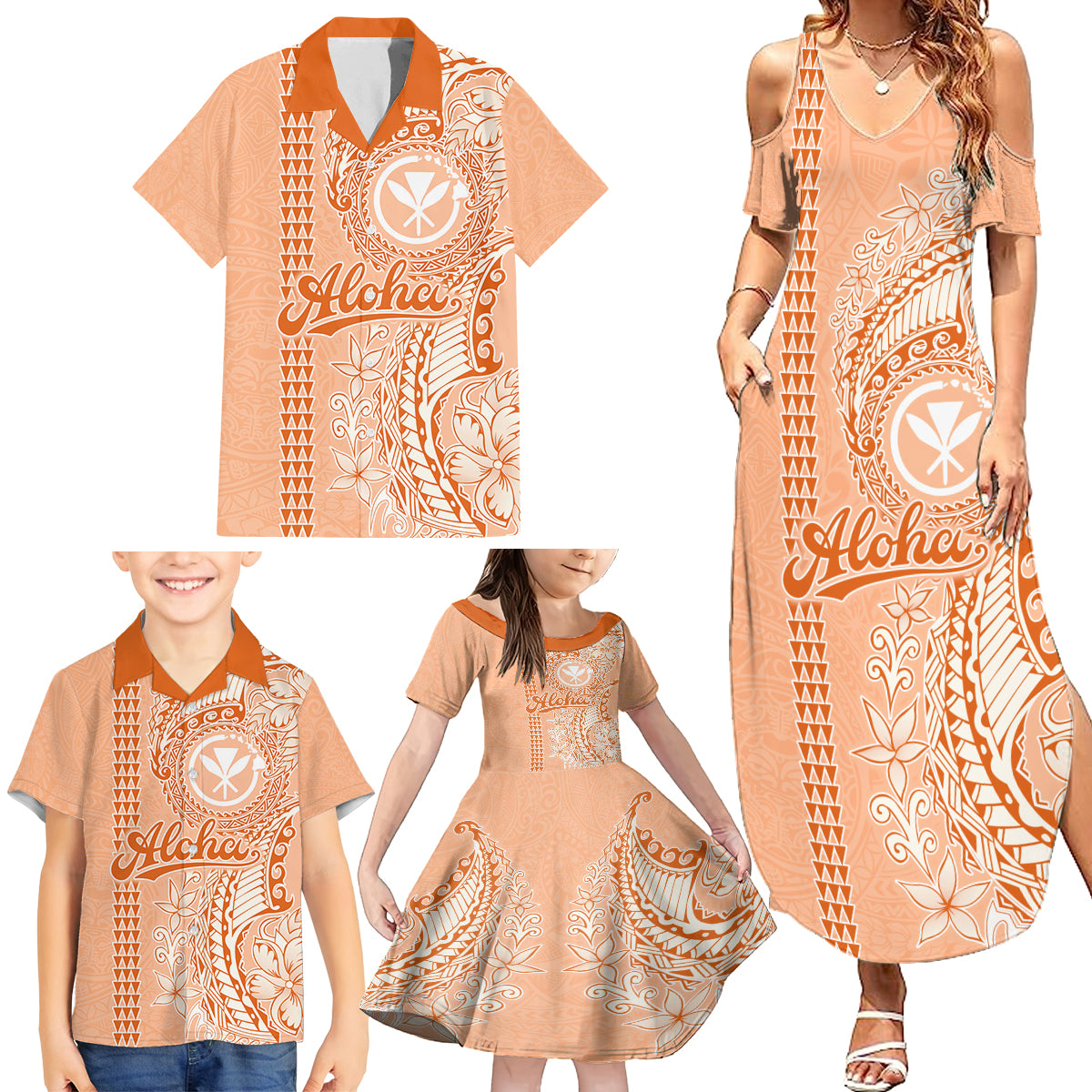 Kanaka Maoli Tropical Flowers with Kakau Tribal Family Matching Summer Maxi Dress and Hawaiian Shirt Peach Fuzz Color LT03 - Polynesian Pride