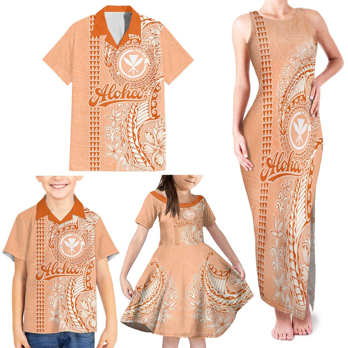 Kanaka Maoli Tropical Flowers with Kakau Tribal Family Matching Tank Maxi Dress and Hawaiian Shirt Peach Fuzz Color LT03 - Polynesian Pride