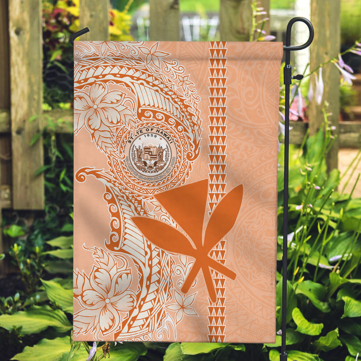 Kanaka Maoli Tropical Flowers with Kakau Tribal Garden Flag Peach Fuzz Color LT03 Garden Flag Peach Fuzz - Polynesian Pride