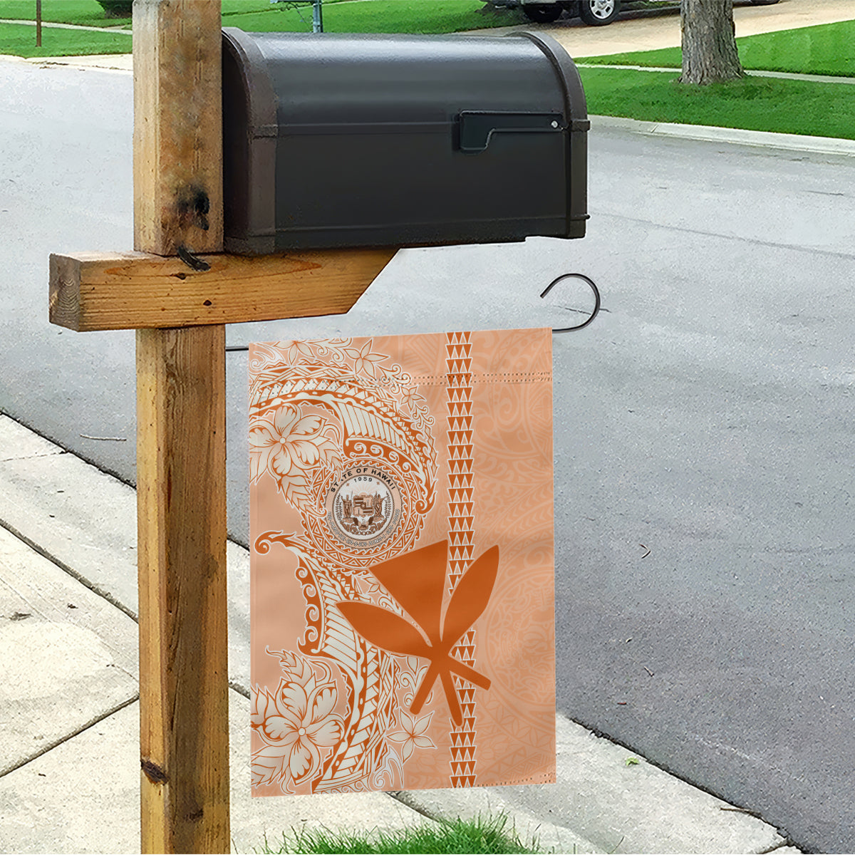 Kanaka Maoli Tropical Flowers with Kakau Tribal Garden Flag Peach Fuzz Color LT03 - Polynesian Pride