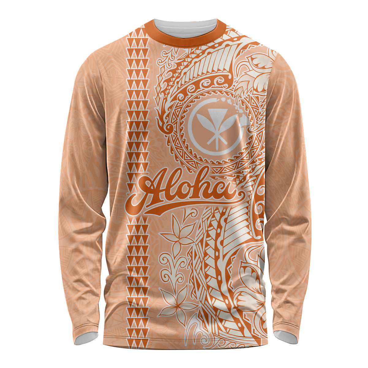 Kanaka Maoli Tropical Flowers with Kakau Tribal Long Sleeve Shirt Peach Fuzz Color LT03 Unisex Peach Fuzz - Polynesian Pride