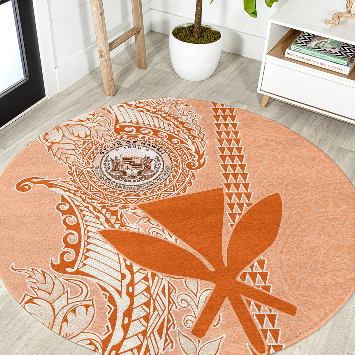 Kanaka Maoli Tropical Flowers with Kakau Tribal Round Carpet Peach Fuzz Color LT03 Peach Fuzz - Polynesian Pride