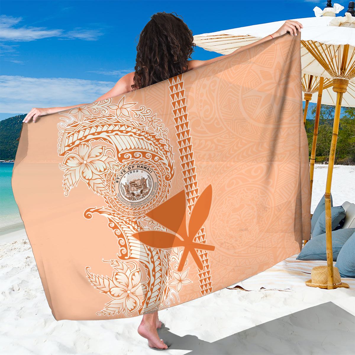 Kanaka Maoli Tropical Flowers with Kakau Tribal Sarong Peach Fuzz Color LT03 One Size 44 x 66 inches Peach Fuzz - Polynesian Pride