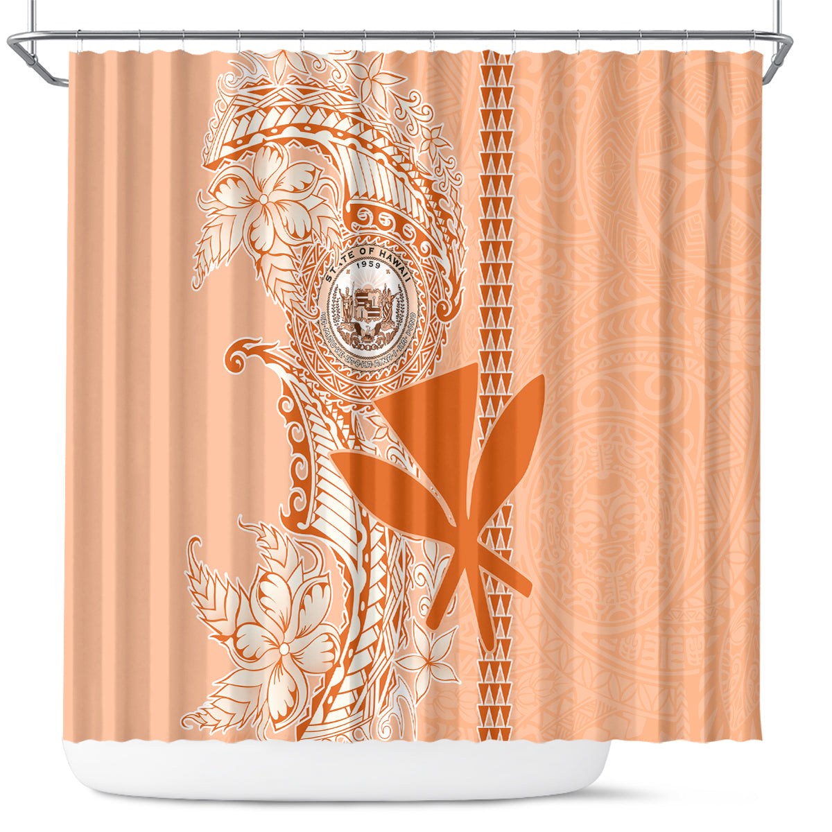 Kanaka Maoli Tropical Flowers with Kakau Tribal Shower Curtain Peach Fuzz Color LT03 Peach Fuzz - Polynesian Pride