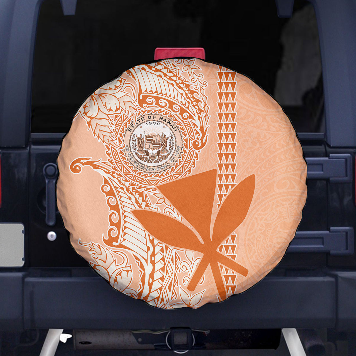 Kanaka Maoli Tropical Flowers with Kakau Tribal Spare Tire Cover Peach Fuzz Color LT03 Peach Fuzz - Polynesian Pride