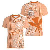 Kanaka Maoli Tropical Flowers with Kakau Tribal Women V Neck T Shirt Peach Fuzz Color LT03 - Polynesian Pride