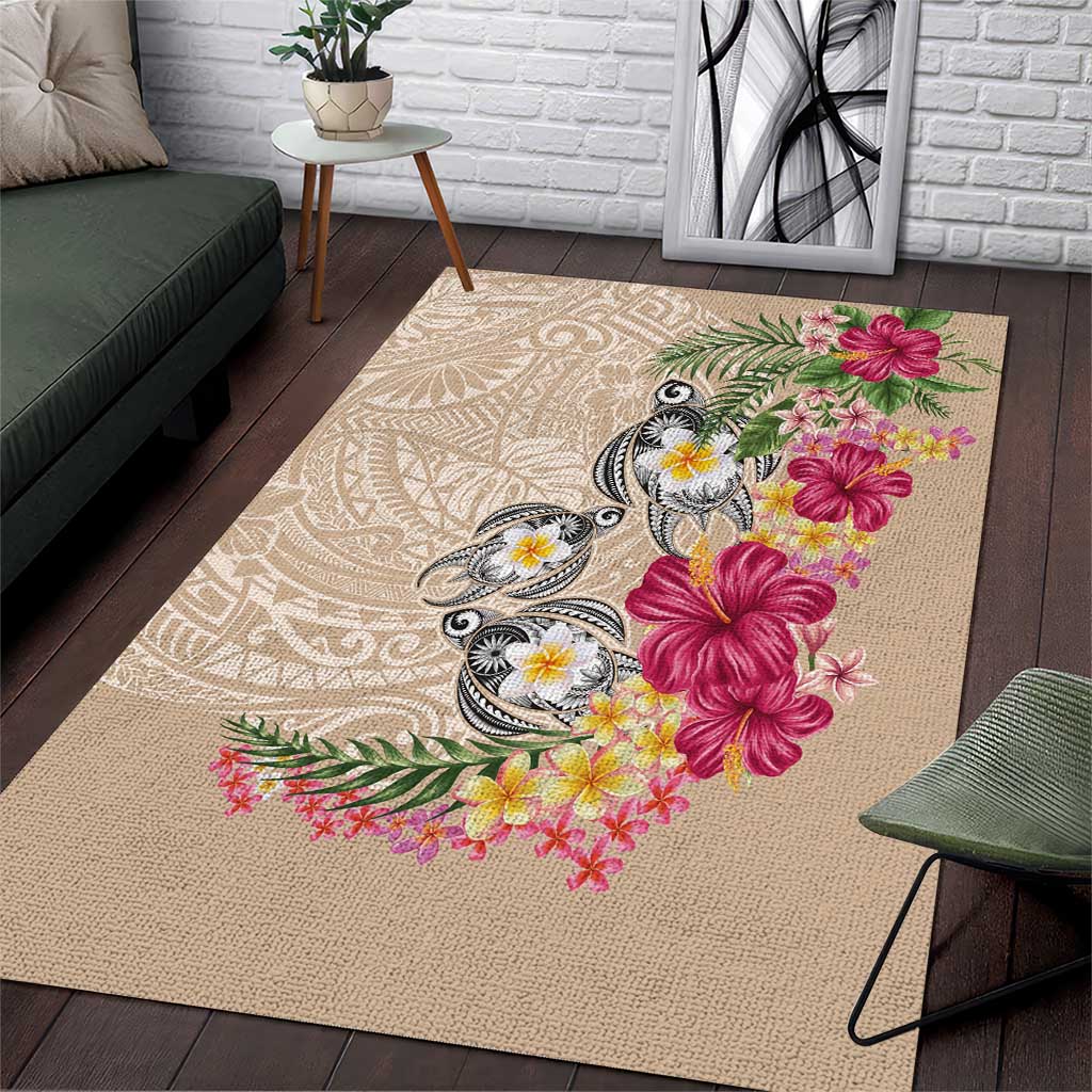 Hawaiian Tropical Flowers and Tribal Turtles Area Rug Polynesian Art Motifs Beige Color - Polynesian Pride