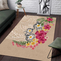 Hawaiian Tropical Flowers and Tribal Turtles Area Rug Polynesian Art Motifs Beige Color - Polynesian Pride