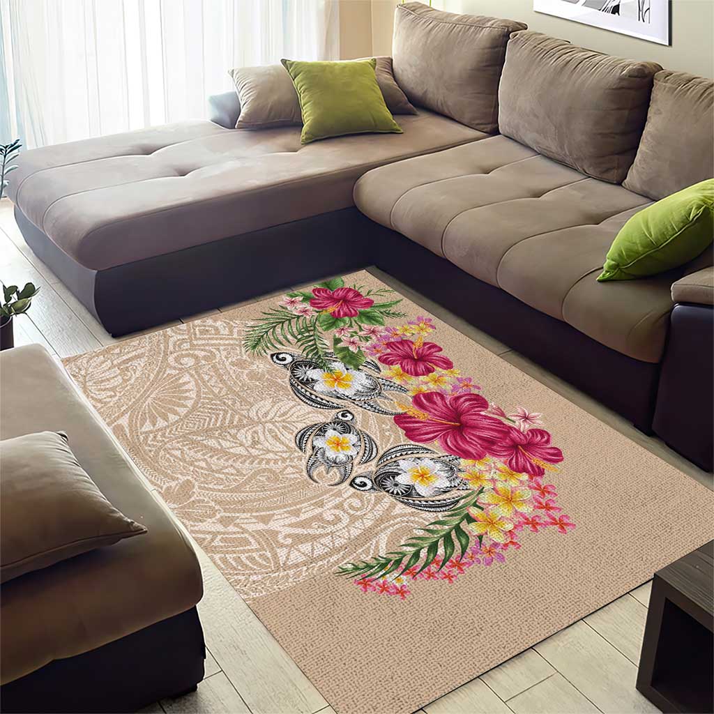 Hawaiian Tropical Flowers and Tribal Turtles Area Rug Polynesian Art Motifs Beige Color - Polynesian Pride