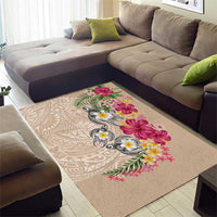Hawaiian Tropical Flowers and Tribal Turtles Area Rug Polynesian Art Motifs Beige Color - Polynesian Pride