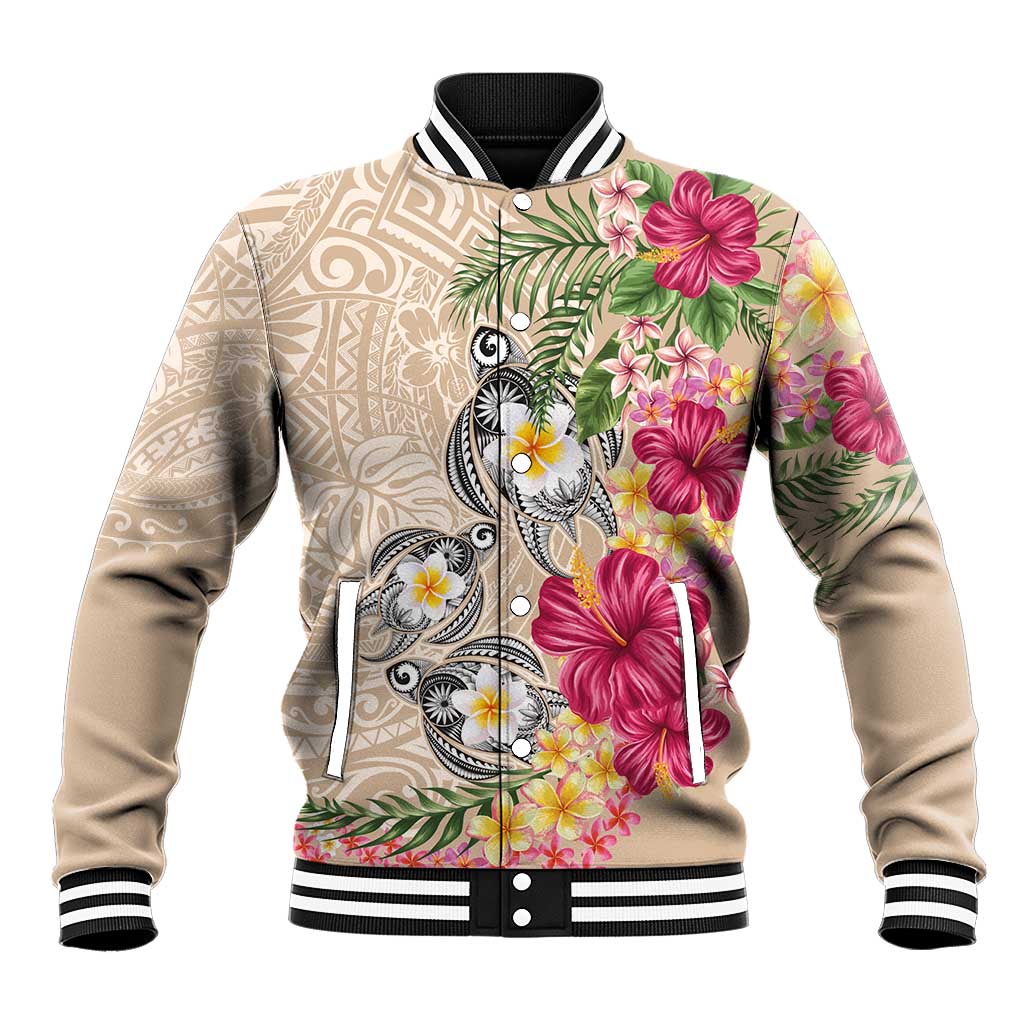 Hawaiian Tropical Flowers and Tribal Turtles Baseball Jacket Polynesian Art Motifs Beige Color LT03 Unisex Beige - Polynesian Pride