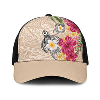 Hawaiian Tropical Flowers and Tribal Turtles Baseball Net Cap Polynesian Art Motifs Beige Color LT03 One Size Black Beige - Polynesian Pride