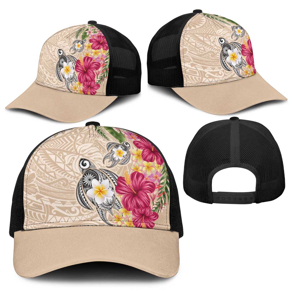 Hawaiian Tropical Flowers and Tribal Turtles Baseball Net Cap Polynesian Art Motifs Beige Color LT03 - Polynesian Pride