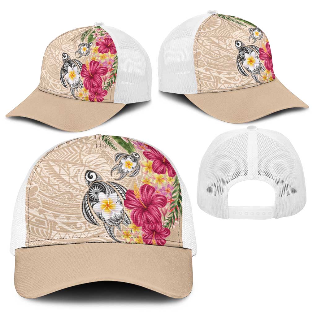 Hawaiian Tropical Flowers and Tribal Turtles Baseball Net Cap Polynesian Art Motifs Beige Color LT03 - Polynesian Pride