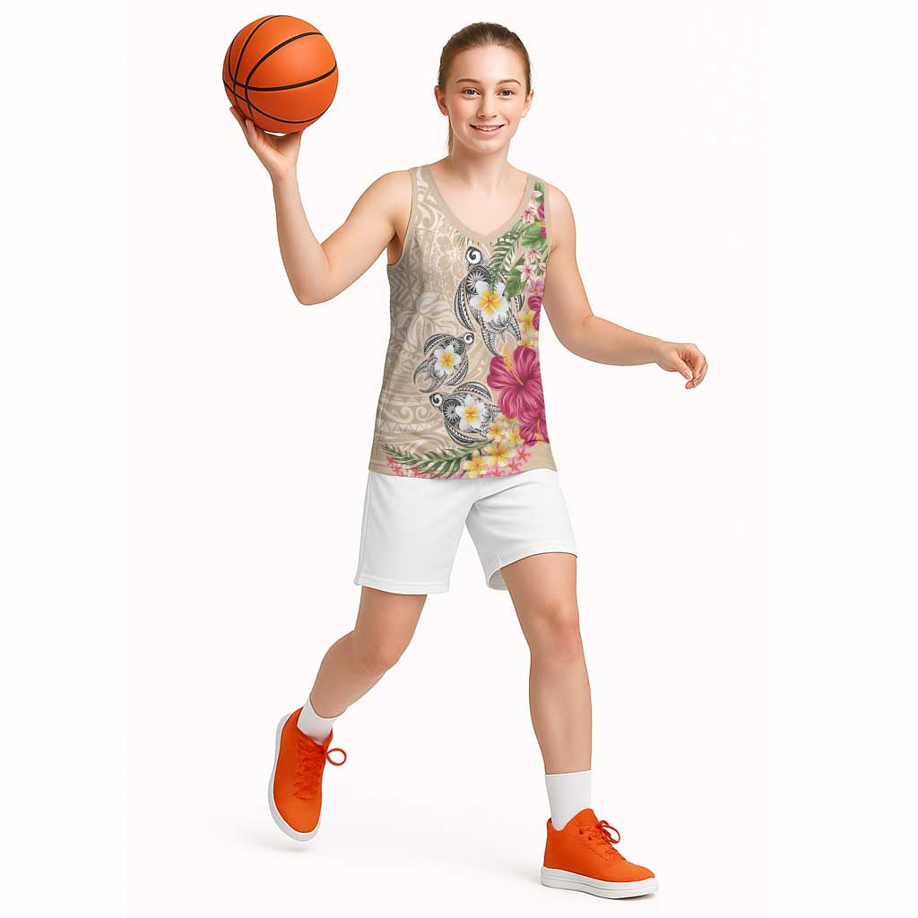 Hawaiian Tropical Flowers and Tribal Turtles Basketball Jersey Polynesian Art Motifs Beige Color - Polynesian Pride