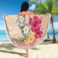 Hawaiian Tropical Flowers and Tribal Turtles Beach Blanket Polynesian Art Motifs Beige Color - Polynesian Pride